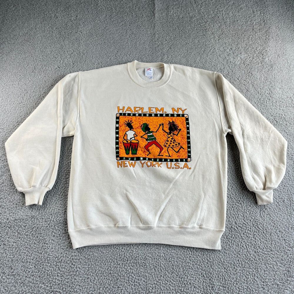 Vintage Jerzees Sweater Mens 2xl Xxl White Sweatshirt Harlem Ny Fleece Lined Usa